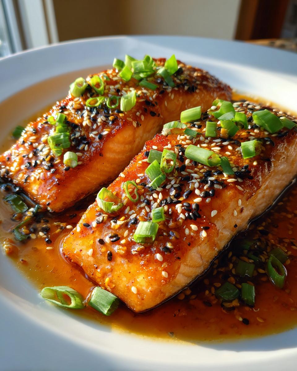 Two perfectly cooked Mary Berry Honey Garlic Salmon fillets glazed with sauce and sprinkled with sesame seeds and spring onions.