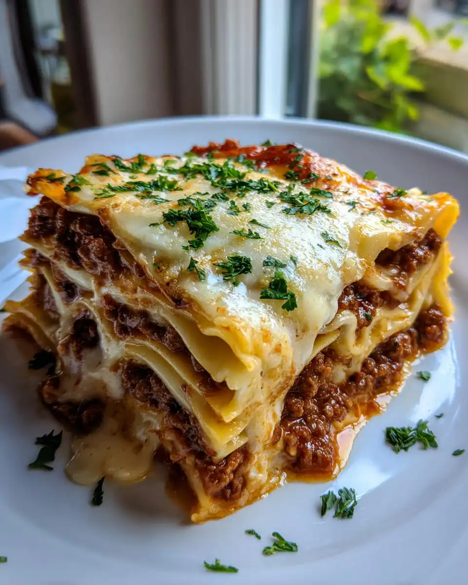 A generous slice of Mary Berry lasagna, featuring layers of pasta, rich bolognese sauce, and melted mozzarella, topped with fresh parsley.