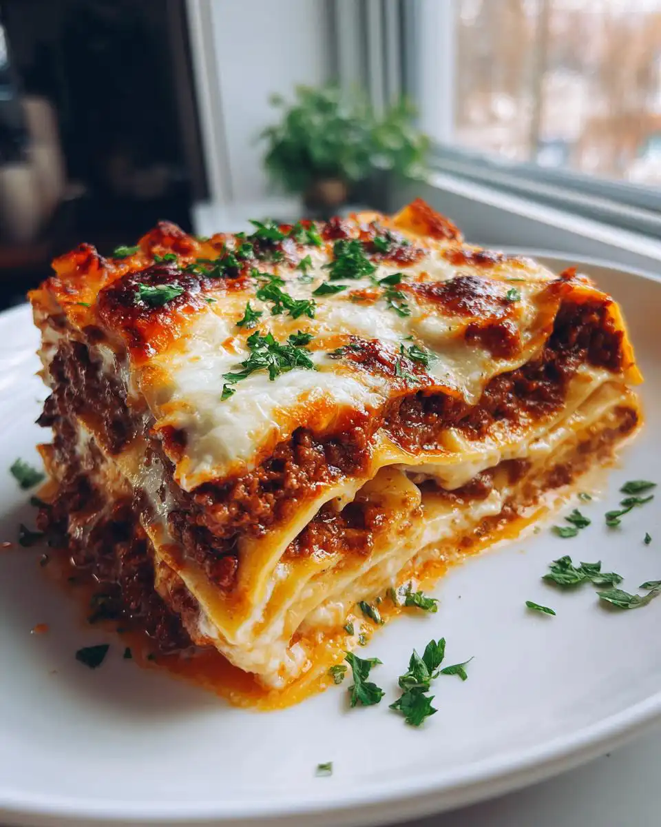 A generous slice of Mary Berry lasagna, featuring layers of pasta, rich meat sauce, and melted cheese, garnished with fresh parsley.