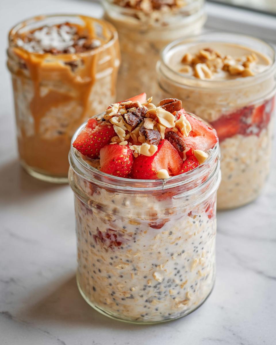 Close-up of Mary Berry overnight oats in a jar, topped with fresh strawberries, chopped nuts, and a drizzle of sauce. Other jars in the background.