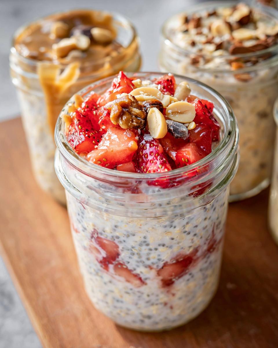 Close-up of a jar of Mary Berry overnight oats topped with fresh strawberries, walnuts, and peanuts.