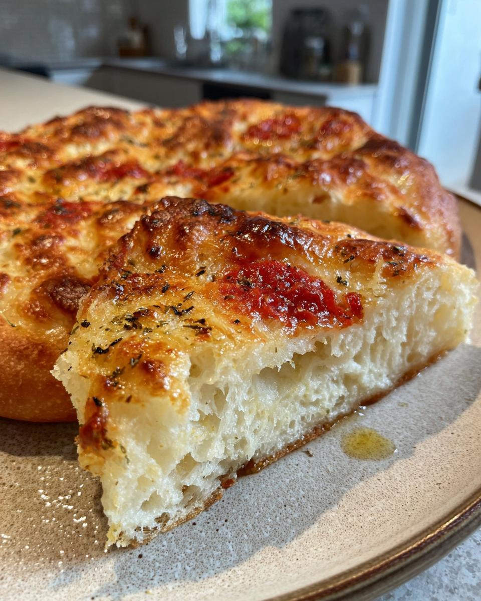 A slice of focaccia bread made with the Mary Berry pizza dough recipe, showing its airy crumb and topping.