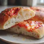 Close-up of a slice of pizza made with Mary Berry pizza dough recipe, showing fluffy texture and tomato topping.