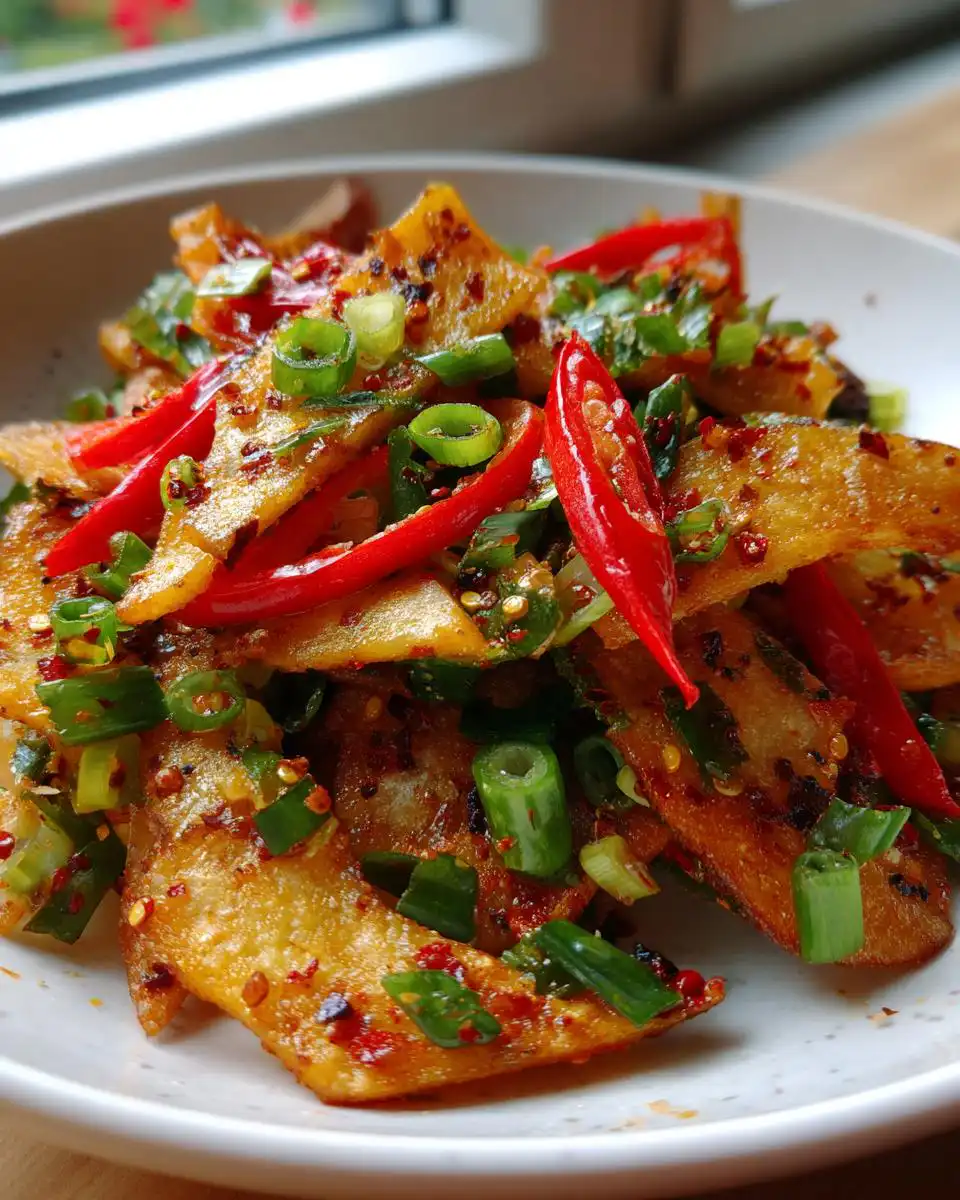 A close-up of Mary Berry Salt and Pepper Chips, garnished with fresh chillies and spring onions.