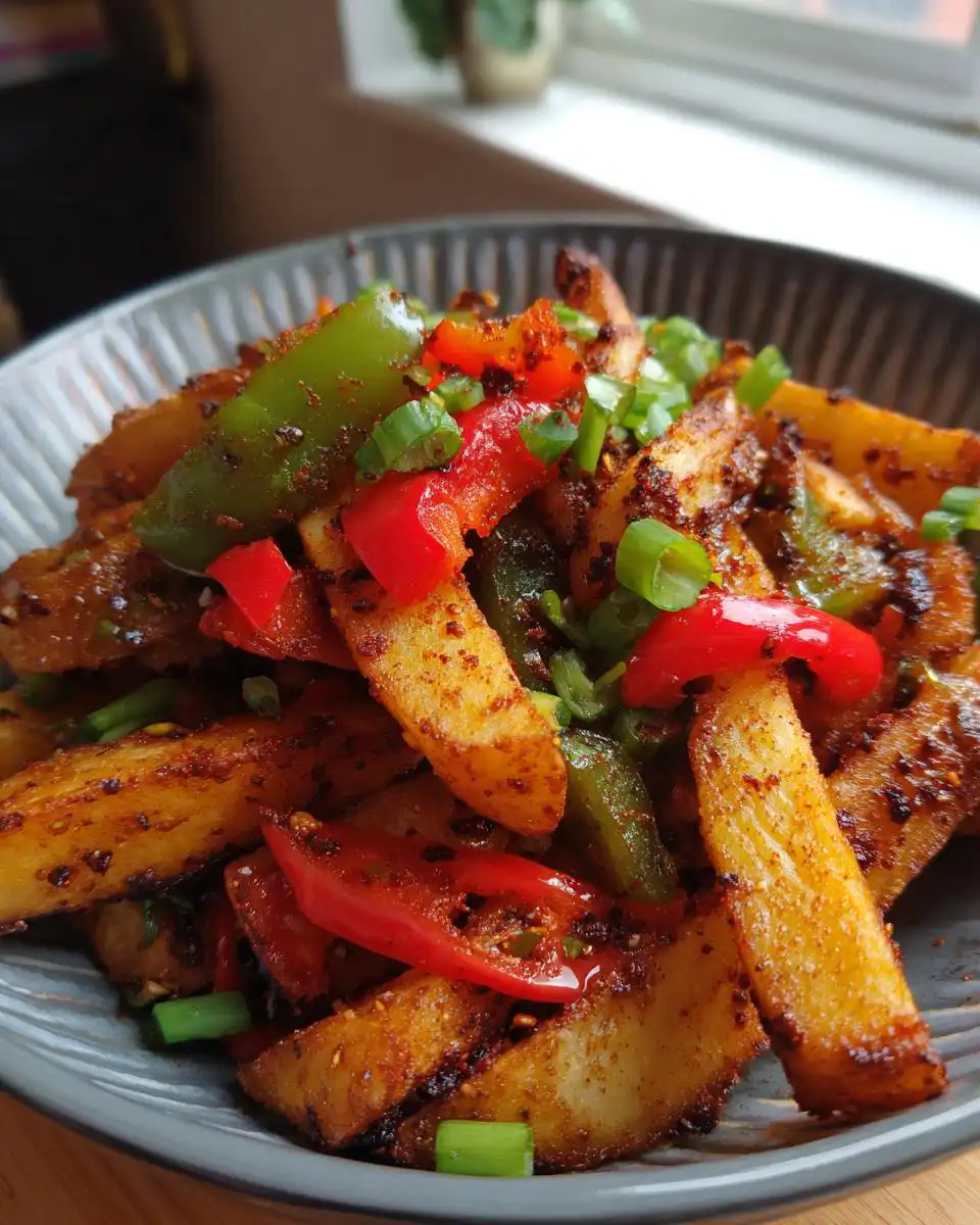 A close-up of Mary Berry Salt and Pepper Chips, tossed with red and green peppers and spring onions.