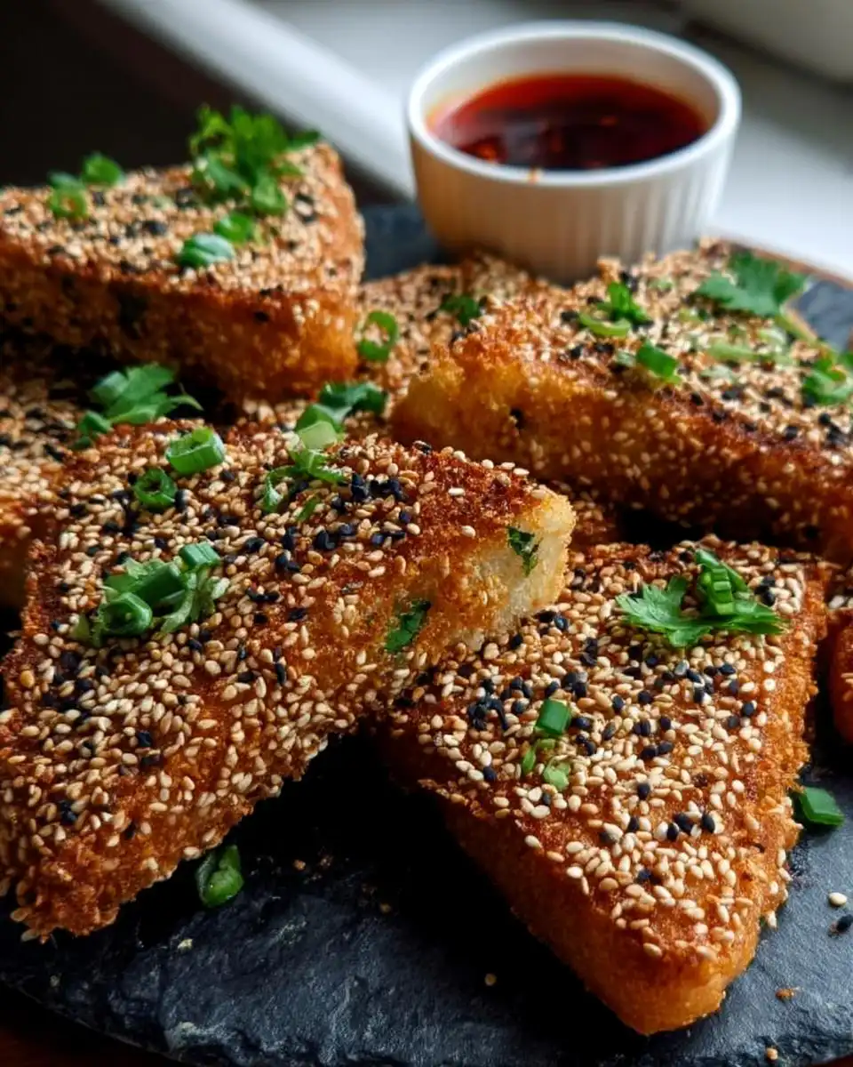 Close-up of golden-brown Mary Berry Sesame Prawn Toast triangles, generously coated in sesame seeds and garnished with spring onions.