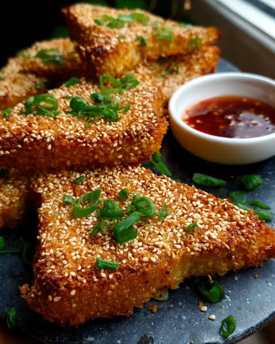 Close-up of golden-brown Mary Berry Sesame Prawn Toast triangles, sprinkled with sesame seeds and spring onions, served with sweet chilli dip.