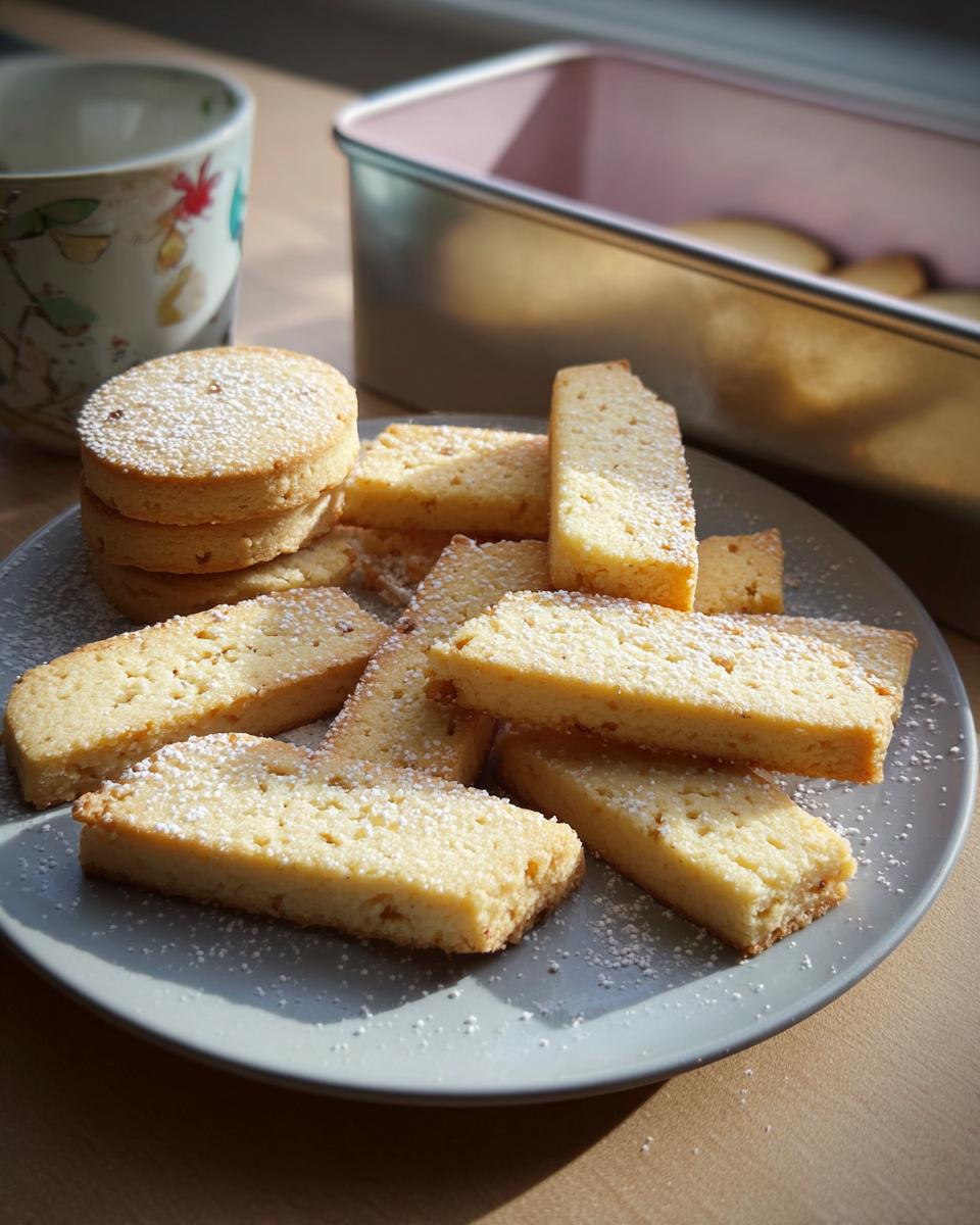 A plate of freshly baked Mary Berry shortbread biscuits, dusted with icing sugar, with a biscuit tin in the background.