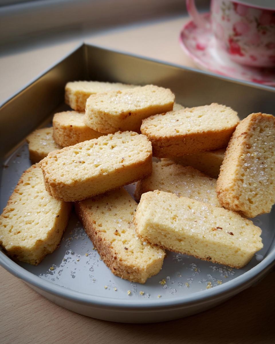 A close-up of freshly baked Mary Berry shortbread biscuits sprinkled with sugar, piled in a tin.
