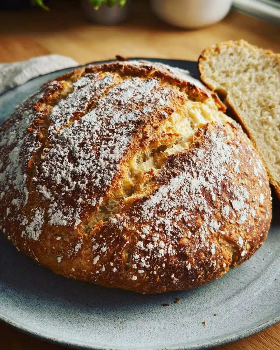 A golden-brown loaf of Mary Berry Soda Bread, dusted with flour, next to a slice of the bread.