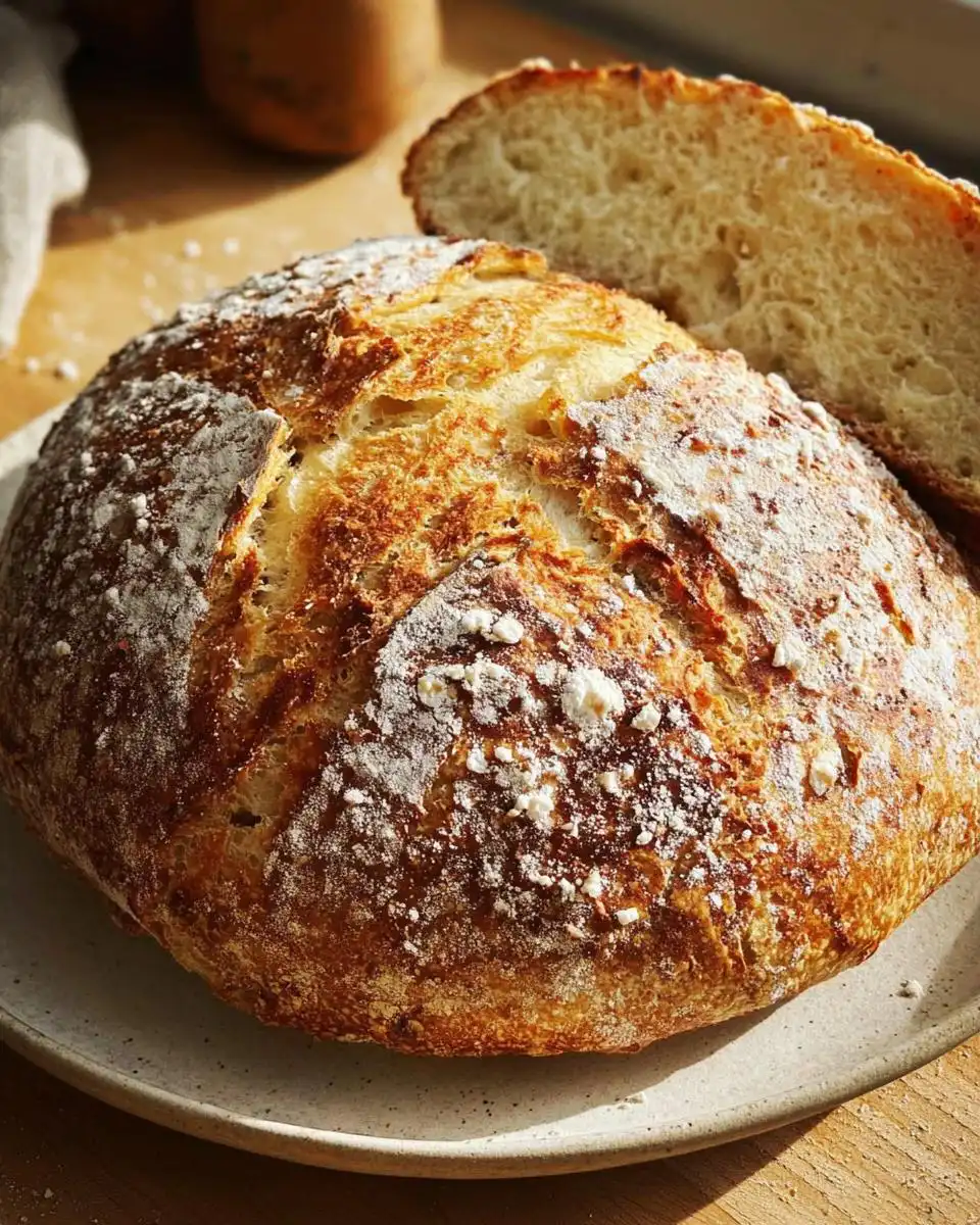 A close-up of a golden-brown Mary Berry soda bread loaf with a dusting of flour, next to a slice showing its soft crumb.