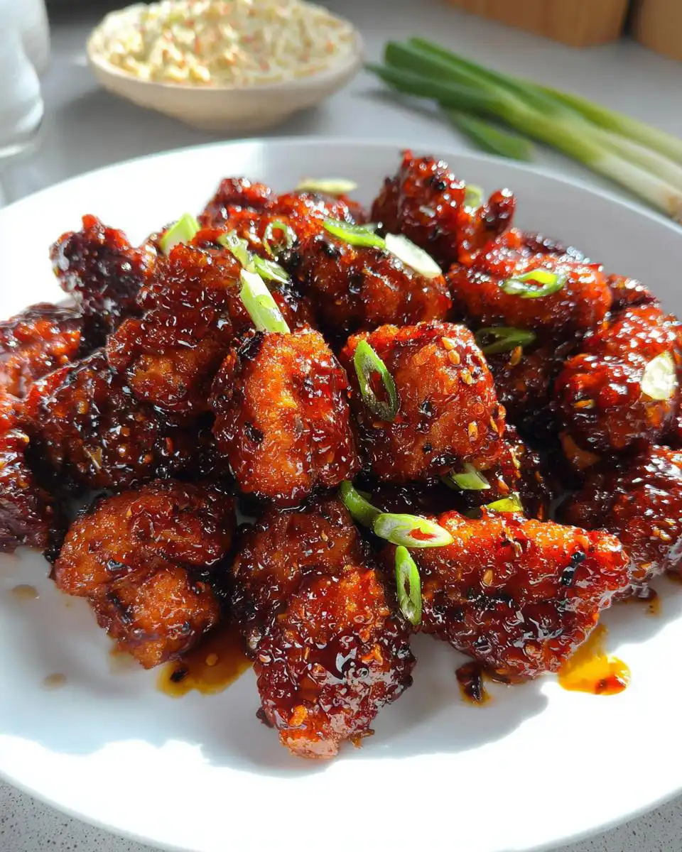 A close-up of crispy Mary Berry sticky honey chilli chicken bites glazed with a dark, shiny sauce and garnished with spring onions.