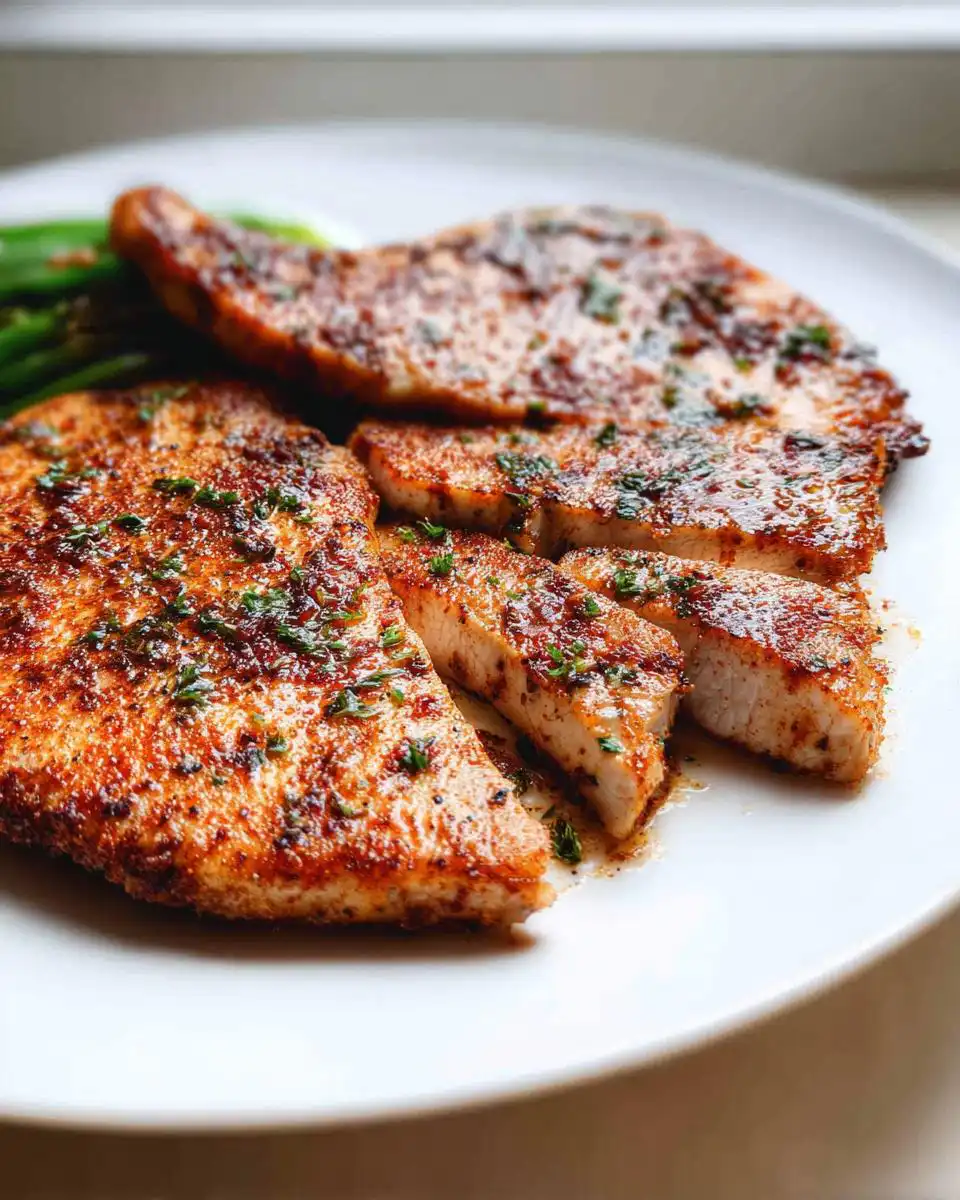 A close-up of perfectly cooked Mary Berry turkey steaks, seasoned and sliced, served with green beans.