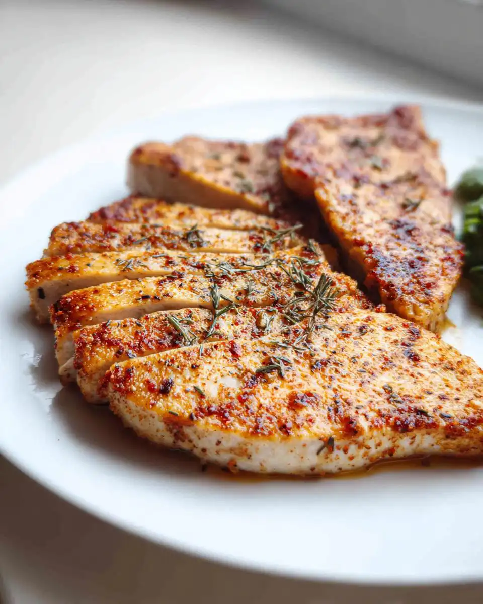 Close-up of sliced Mary Berry turkey steaks recipe, seasoned with herbs and spices on a white plate.