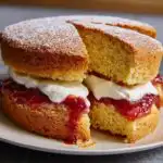 A classic Mary Berry Victoria Sponge Cake, dusted with icing sugar, filled with fresh cream and strawberry jam.
