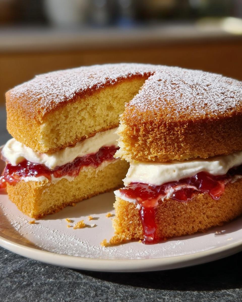 A delicious slice of Mary Berry Victoria Sponge Cake, filled with cream and jam, dusted with icing sugar.