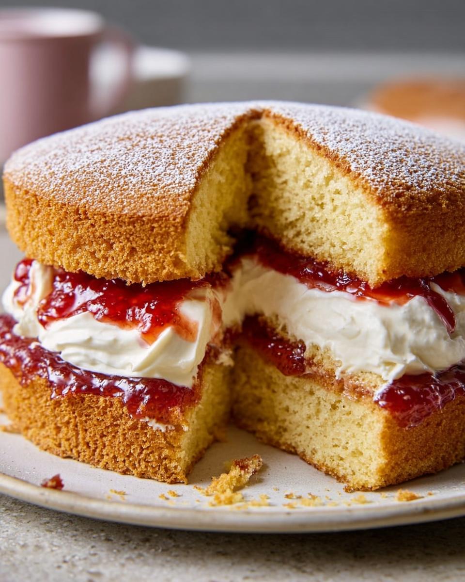 A delicious slice of Mary Berry Victoria Sponge Cake filled with whipped cream and strawberry jam, dusted with icing sugar.