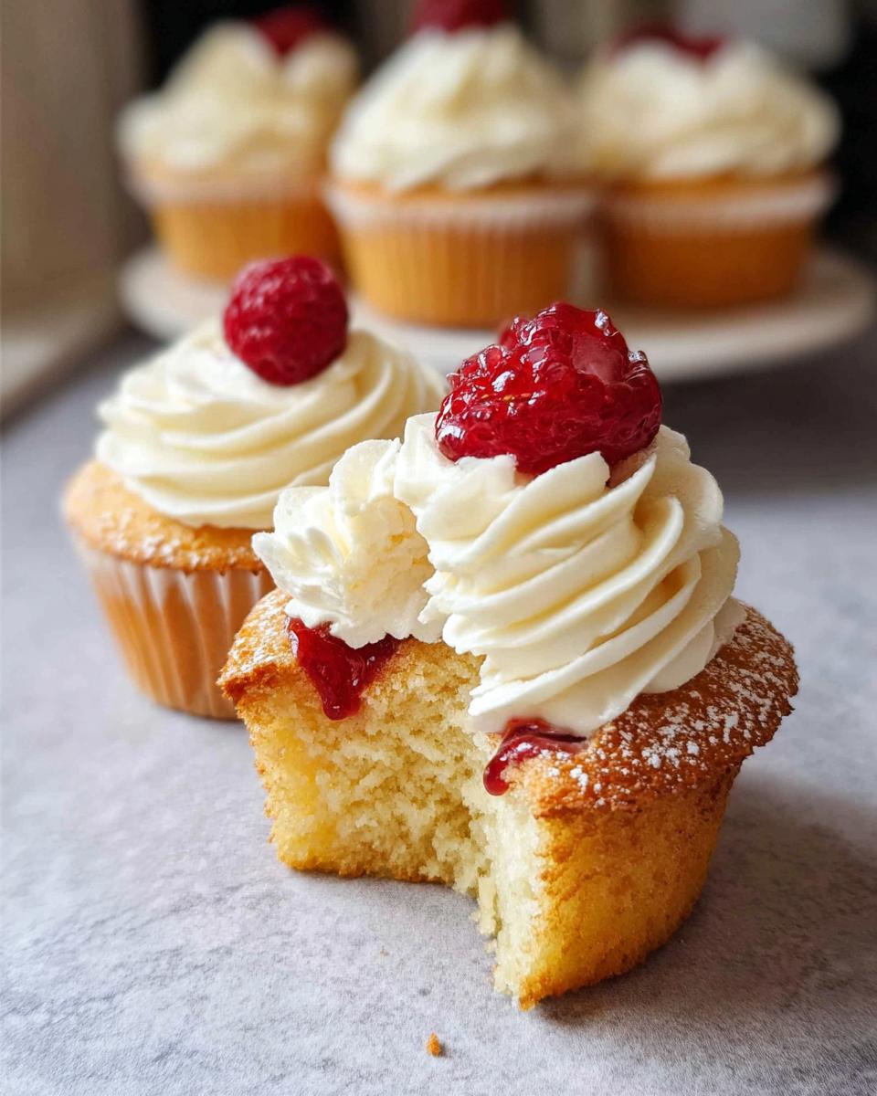 Close-up of a Mary Berry Victoria Sponge cupcake, bitten into, revealing a fluffy sponge, jam, and buttercream frosting topped with a raspberry.