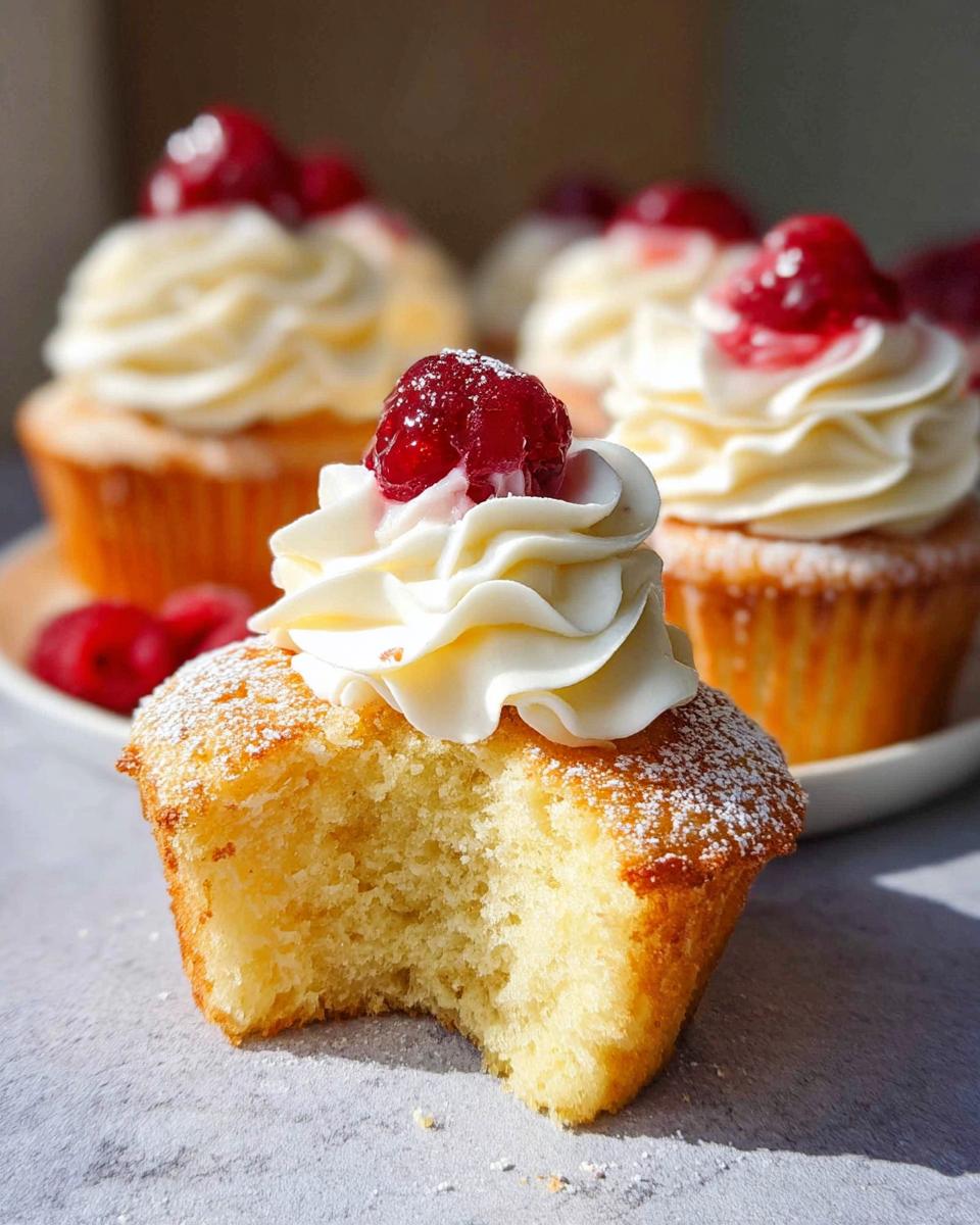 A bite taken out of a Mary Berry Victoria Sponge cupcake, topped with cream and a raspberry.