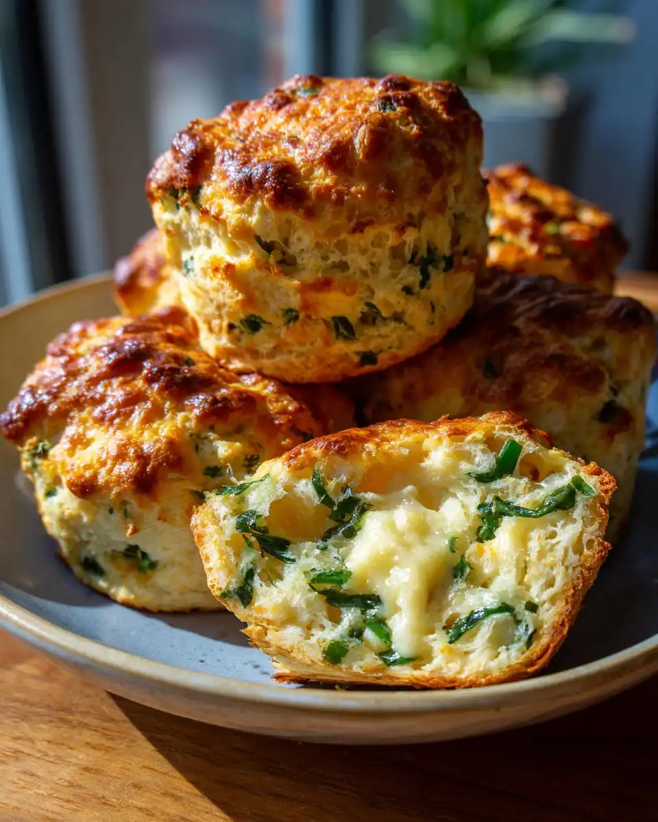 Close-up of Mary Berry wild garlic scones, one cut open to reveal melted cheese and green wild garlic.