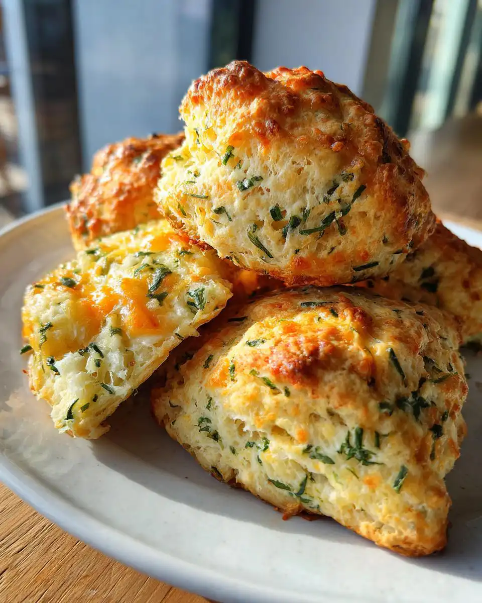 A close-up of a stack of golden-brown Mary Berry wild garlic scones, studded with green herbs and melted cheese, on a light grey plate.