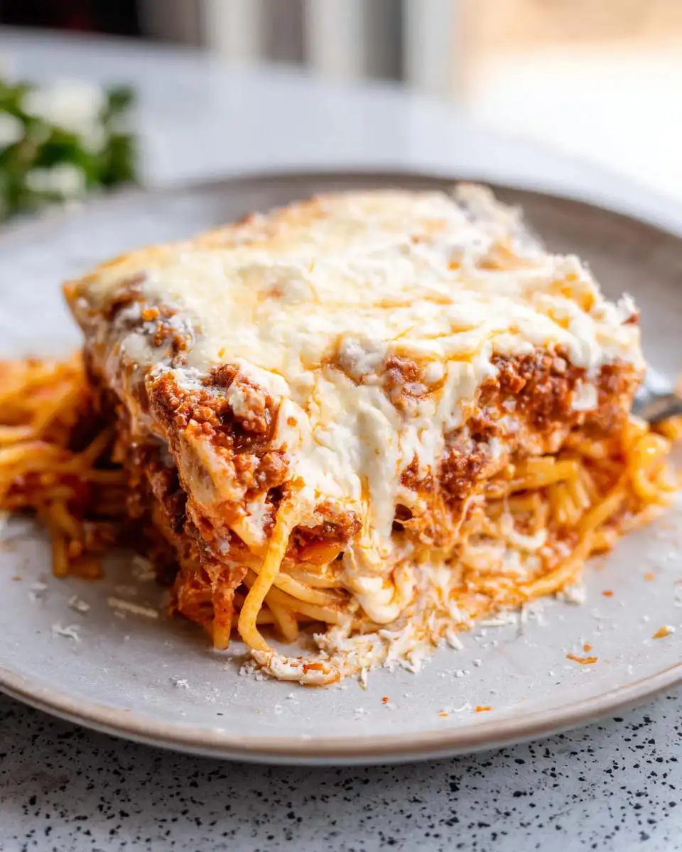 A delicious slice of Million Dollar Spaghetti Recipe with layers of pasta, meat sauce, and melted cheese.