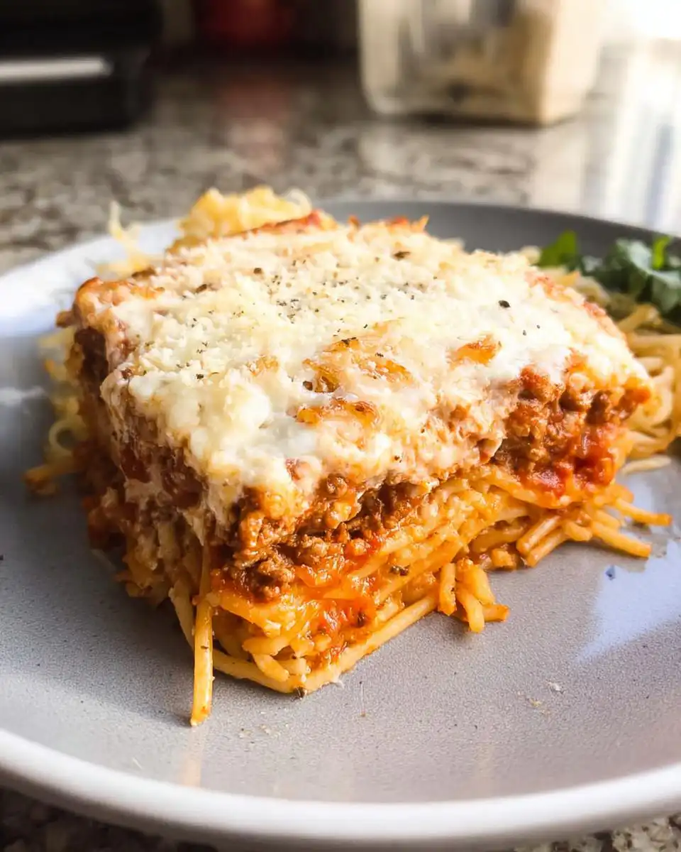 A delicious slice of Million Dollar Spaghetti Recipe with layers of pasta, meat sauce, and melted cheese.