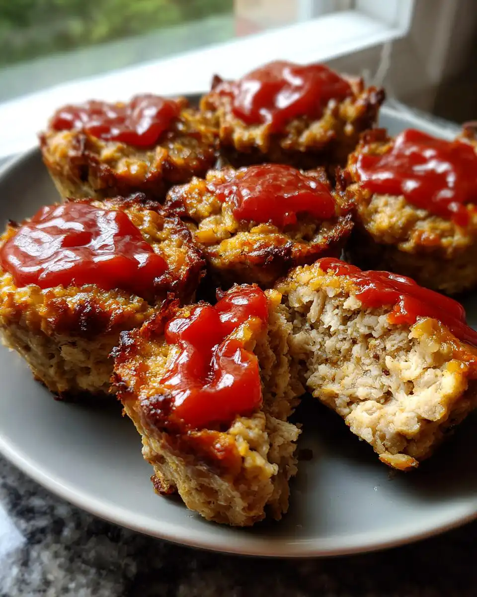 A close-up of several tender mini meatloaf muffins topped with ketchup on a grey plate.