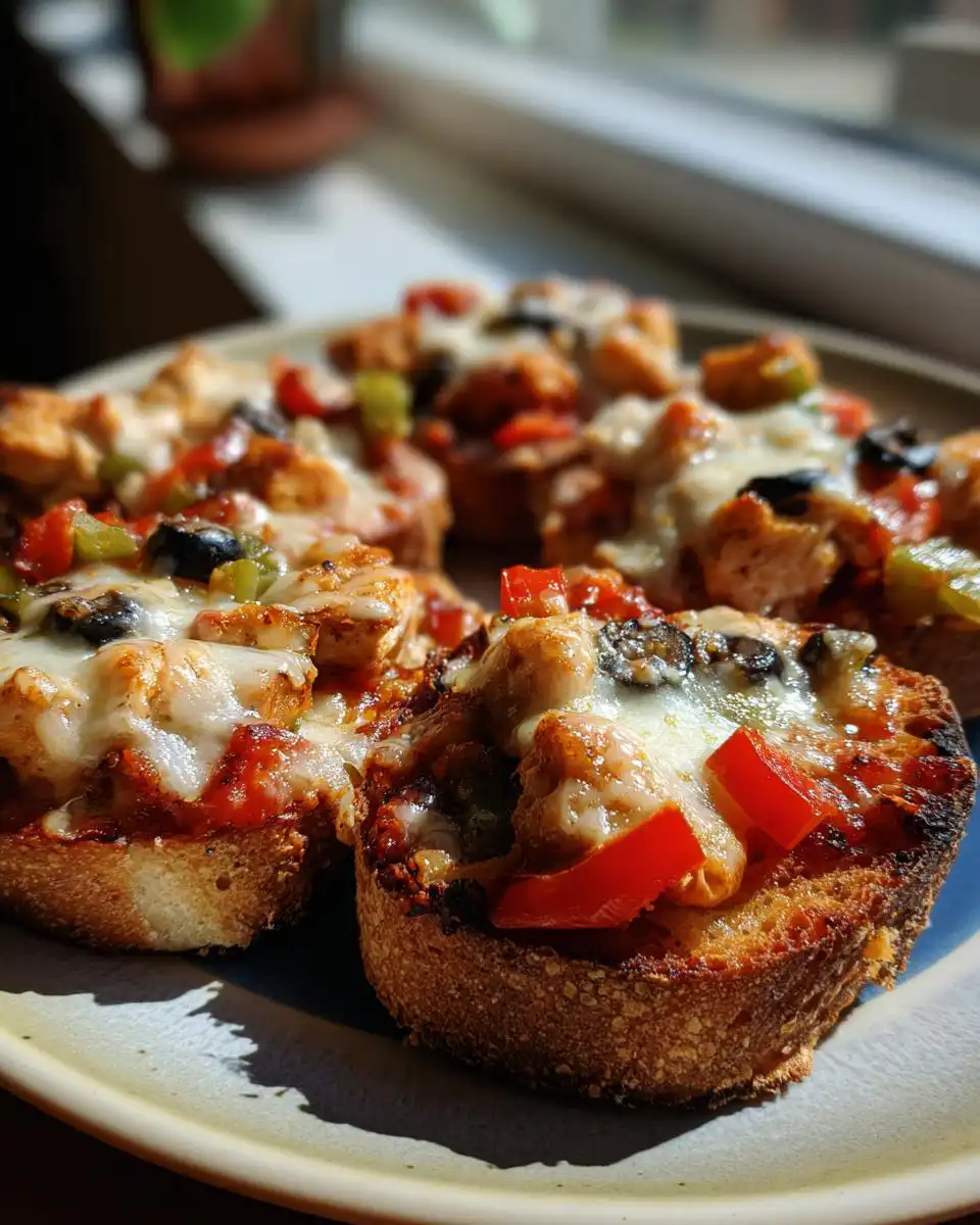 Close-up of mini sourdough pizzas topped with chicken, red and green peppers, black olives, and melted cheese.