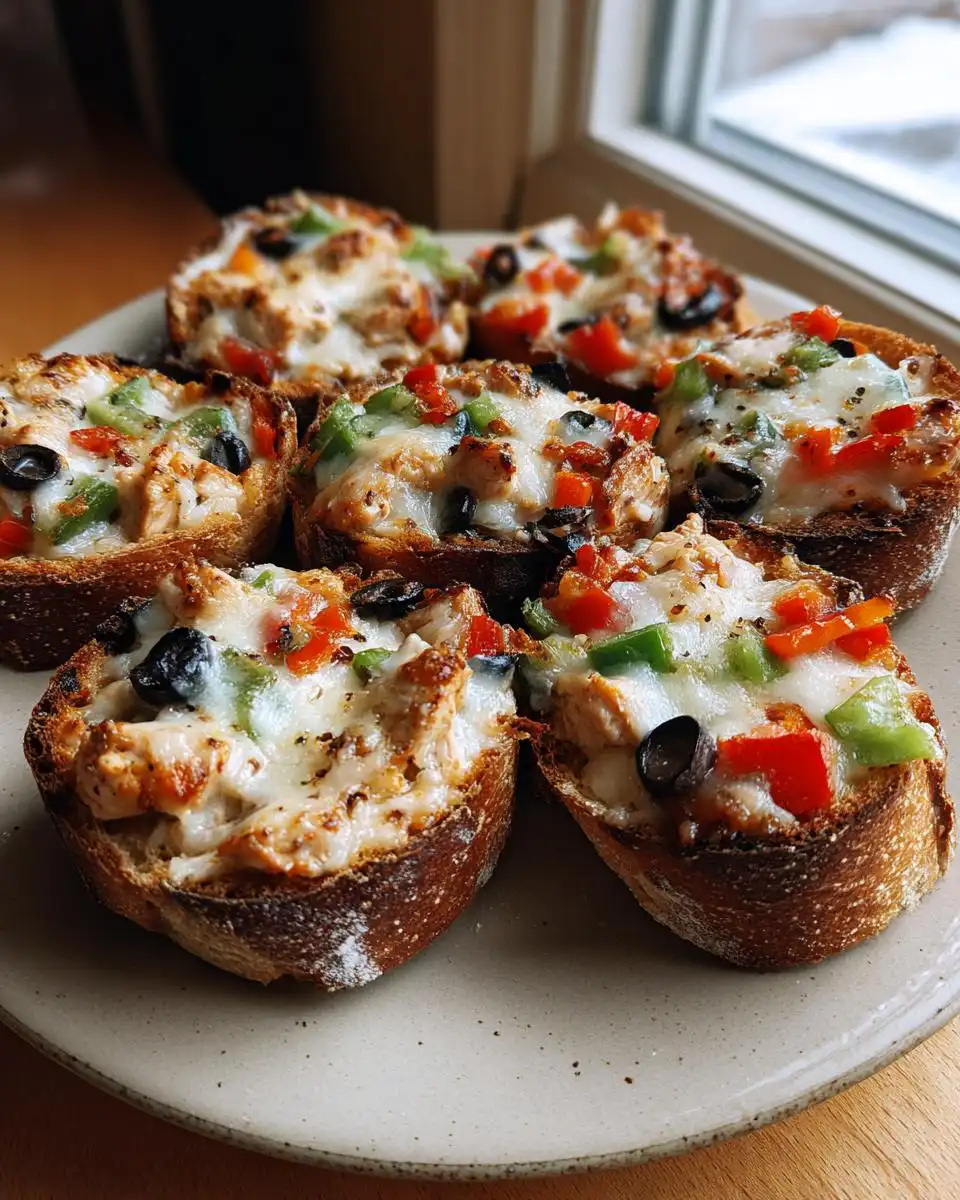 A plate of mini sourdough pizzas topped with chicken, bell peppers, olives, and melted cheese.