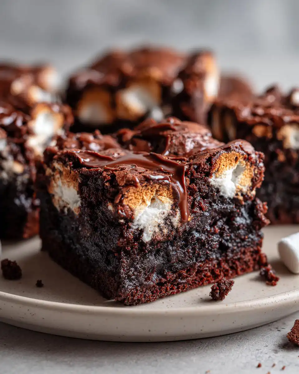 Close-up of a decadent Mississippi Mud Brownie with melted marshmallows and chocolate drizzle.