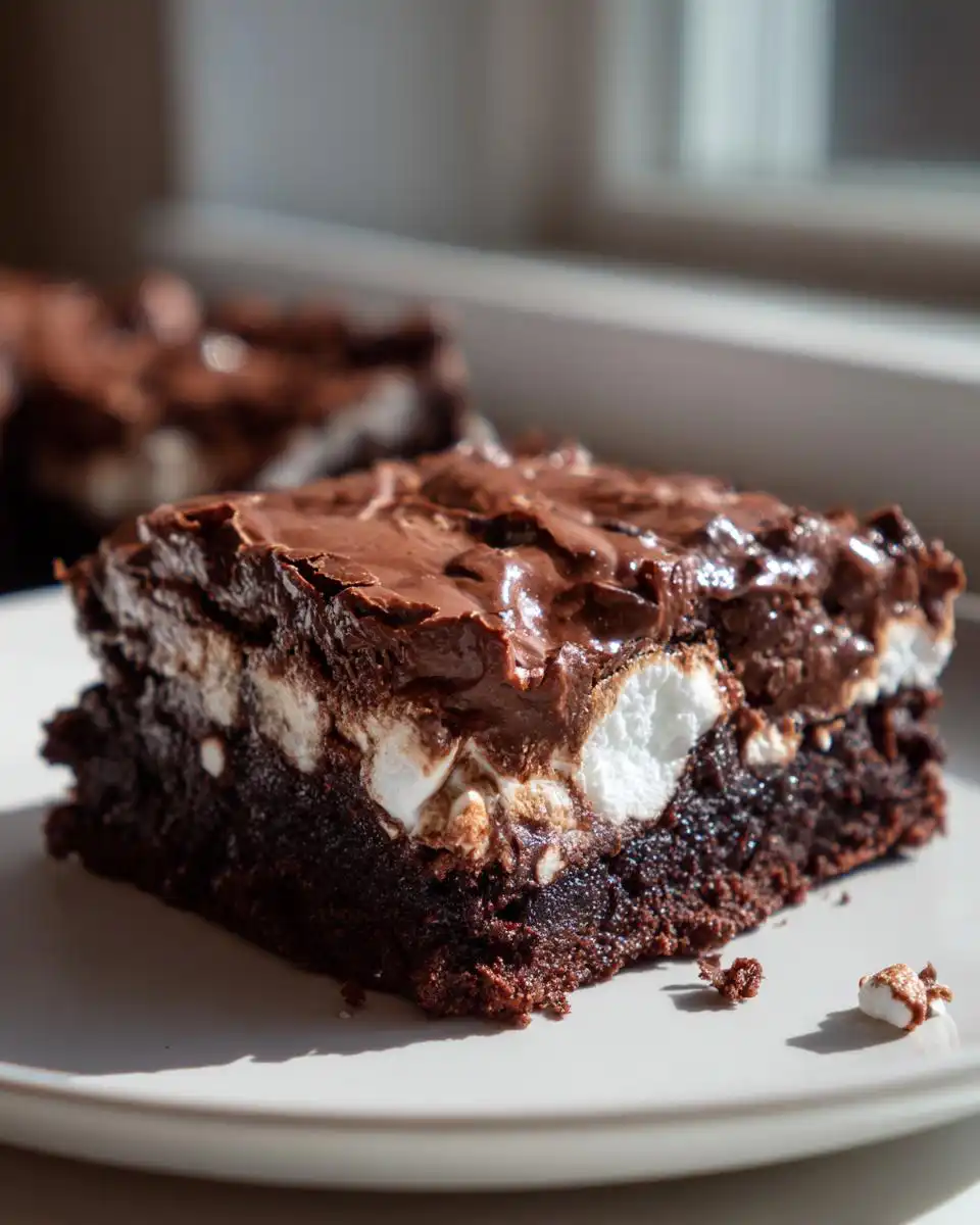 Close-up of a rich Mississippi Mud Brownie with gooey marshmallows and chocolate frosting.