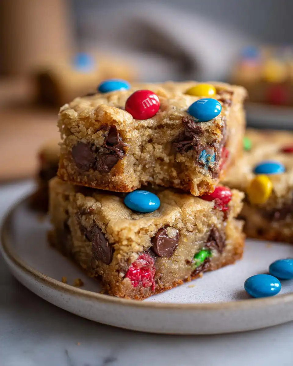 A close-up stack of chewy M&M cookie bars, loaded with chocolate chips and colorful M&Ms.