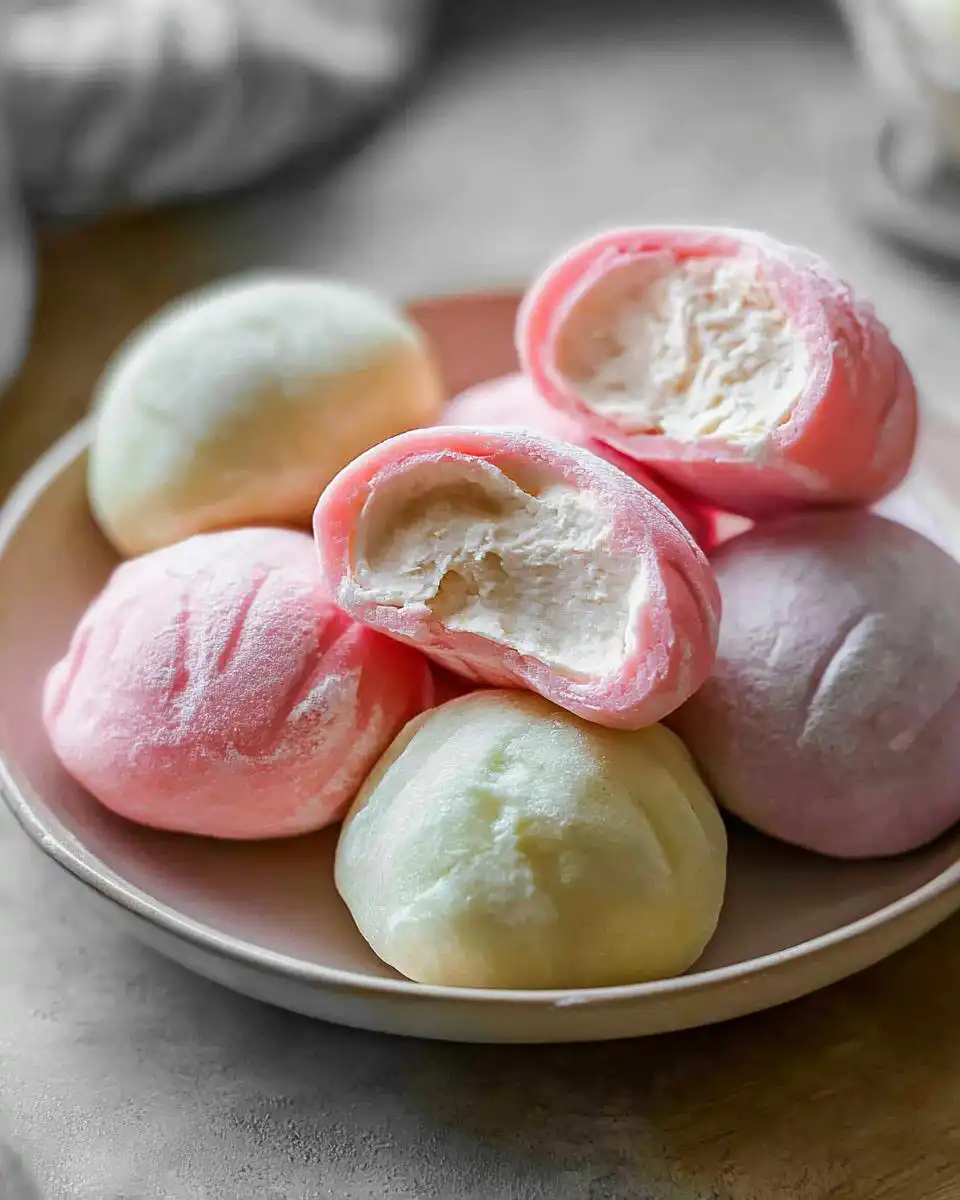 A close-up of several colorful mochi ice cream balls on a plate, with two cut open to reveal the creamy ice cream filling.