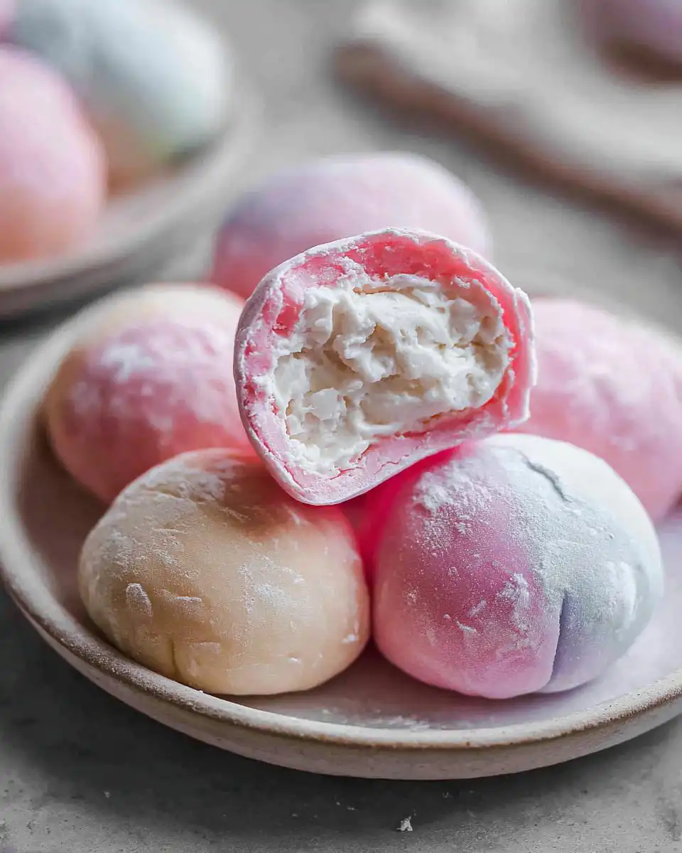 Close-up of colorful Mochi Ice Cream, with one piece cut open to reveal the creamy ice cream filling.