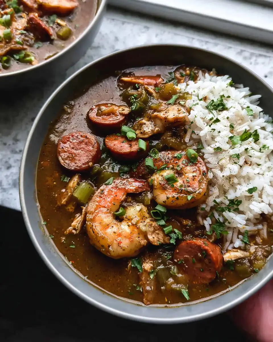 A close-up of a bowl of New Orleans gumbo featuring plump shrimp, sliced sausage, and white rice, garnished with parsley.
