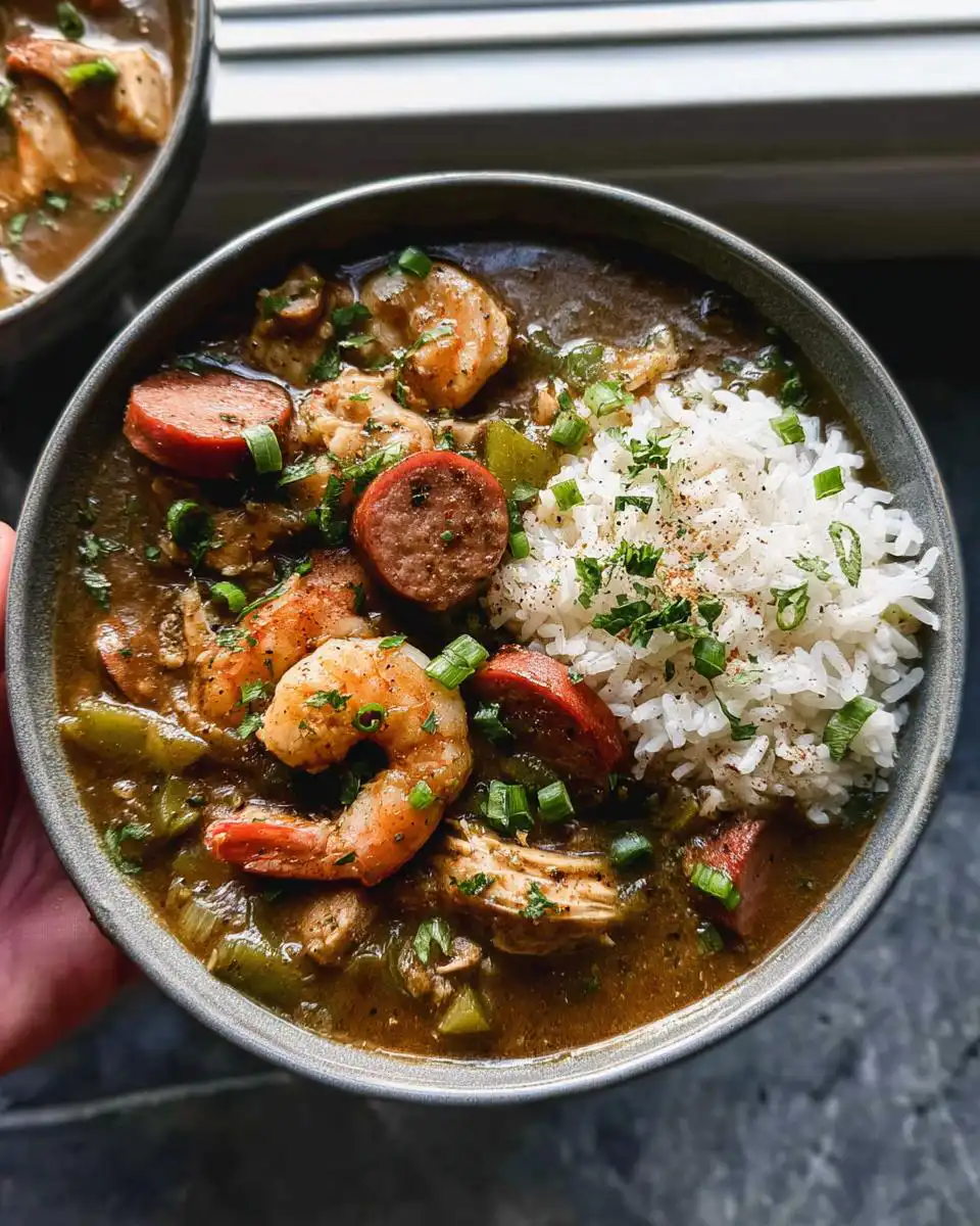 A close-up of a bowl of New Orleans gumbo with shrimp, sausage, chicken, and rice, garnished with green onions.