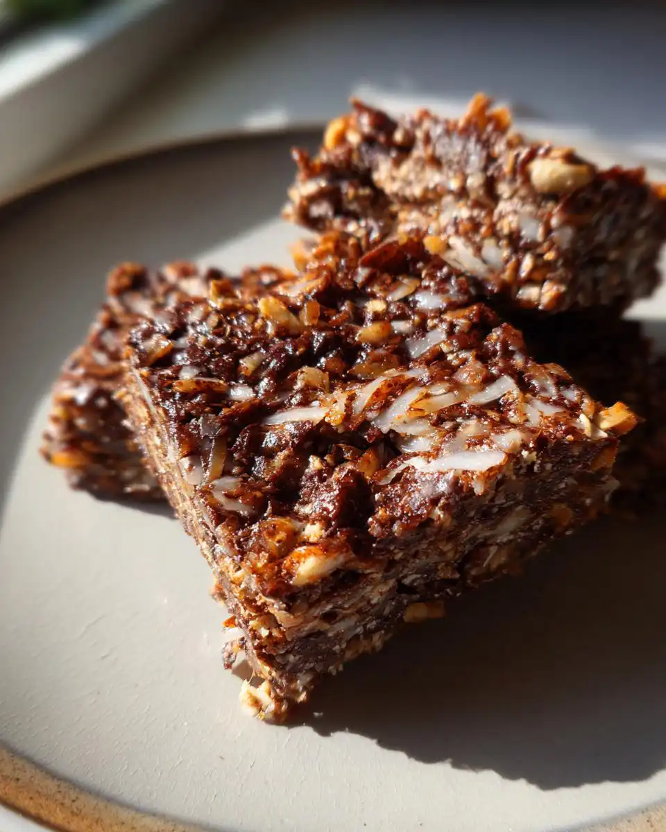 Close-up of healthy No-Bake Chocolate Coconut Energy Bars on a plate, showing layers of oats, nuts, and shredded coconut.