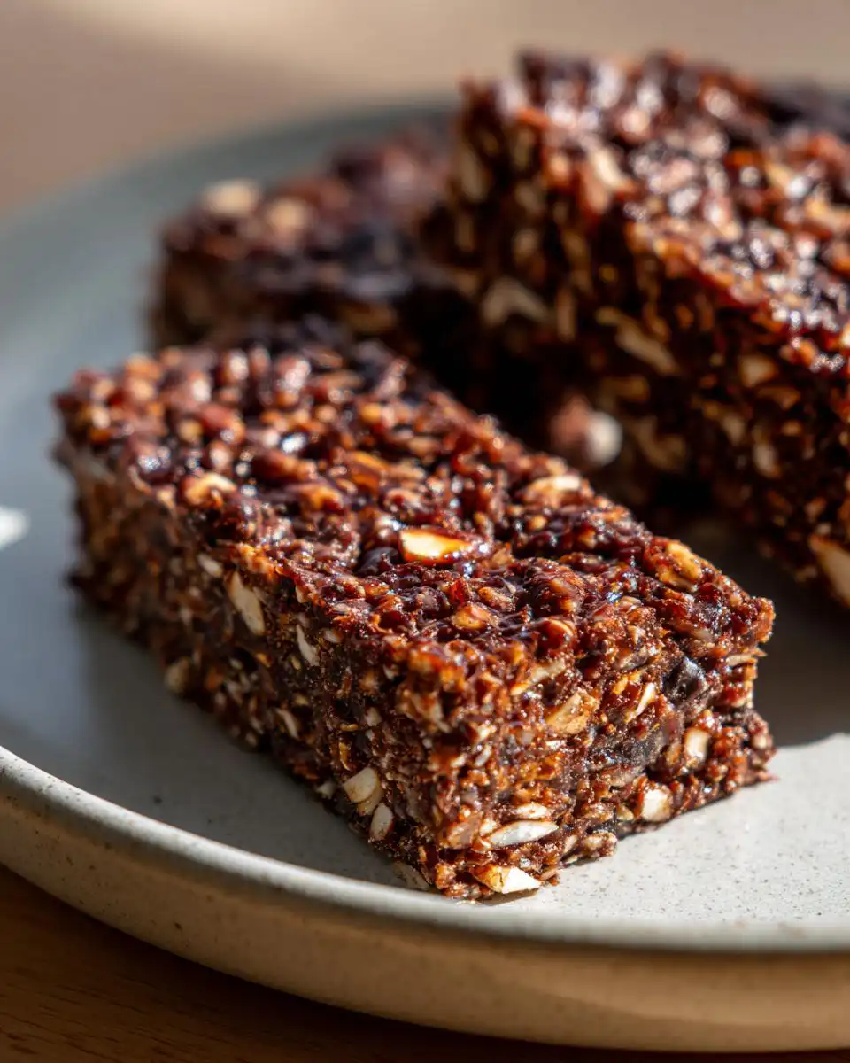 Close-up of healthy no-bake chocolate coconut energy bars on a plate, showing texture of nuts and seeds.