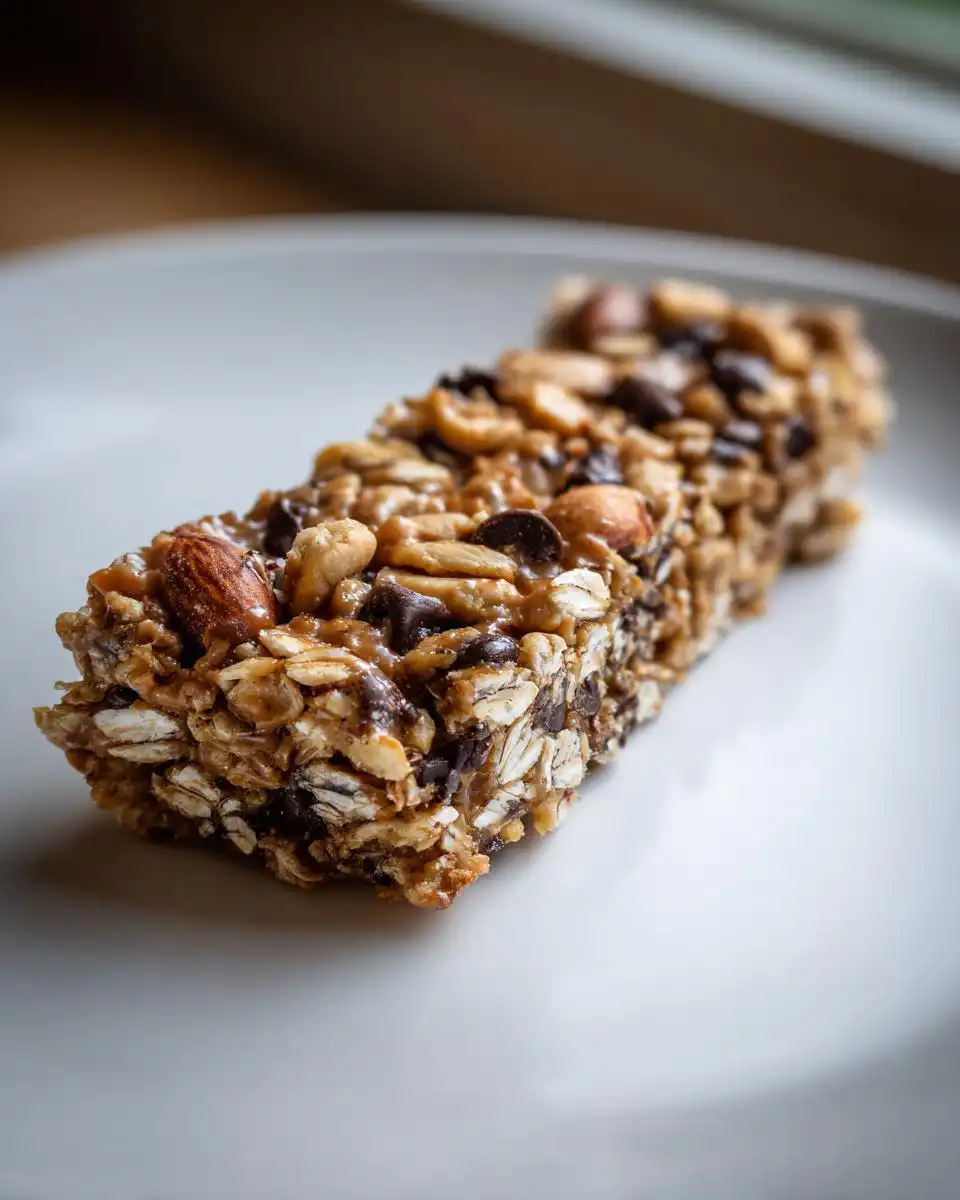 Close-up of a No-Bake Healthy Snickers Oat Bar with oats, nuts, and chocolate chips.