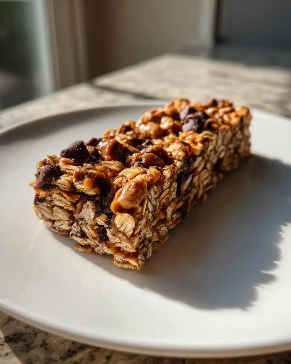 Close-up of a No-Bake Healthy Snickers Oat Bar Chewy on a white plate, showing oats, chocolate chips, and peanuts.