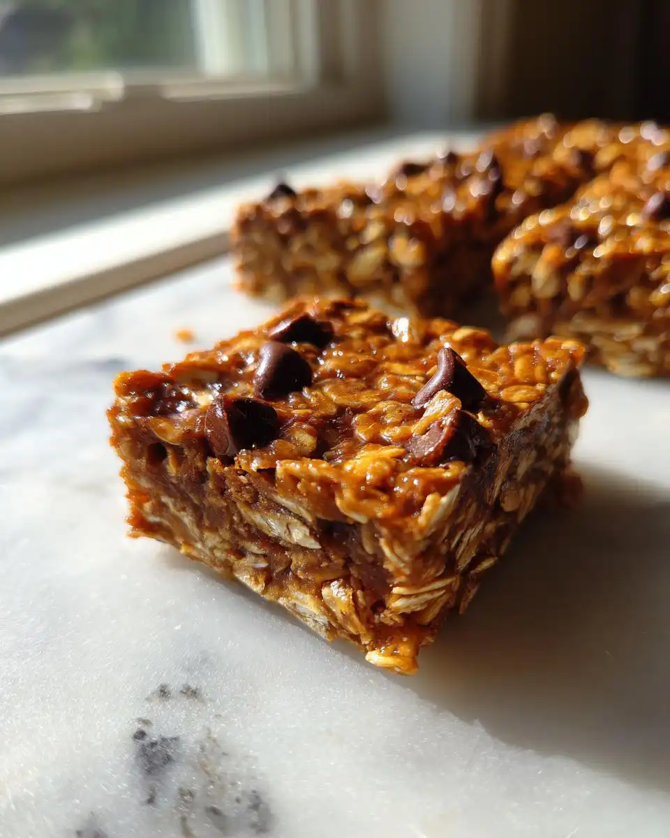 Close-up of a No-Bake Peanut Butter Chocolate Protein Bar, showing layers of oats and chocolate chips.