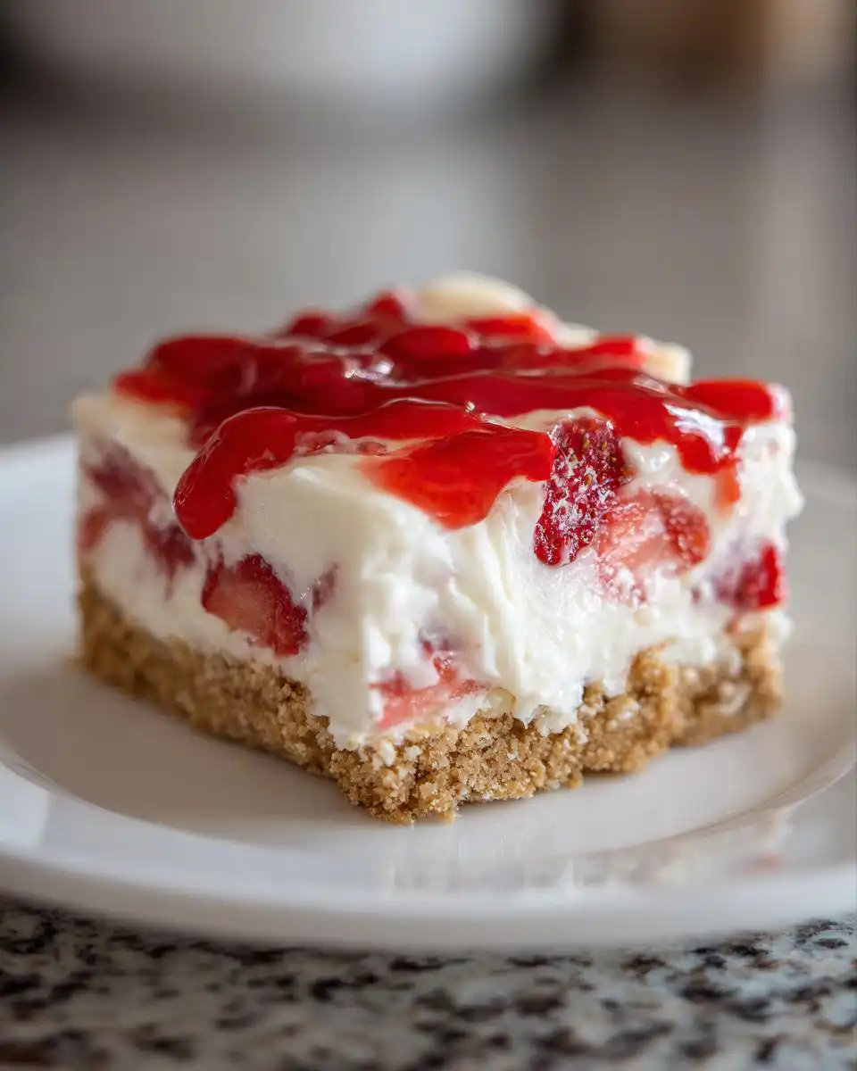 A slice of no-bake strawberry cheesecake bars with a graham cracker crust and strawberry topping.