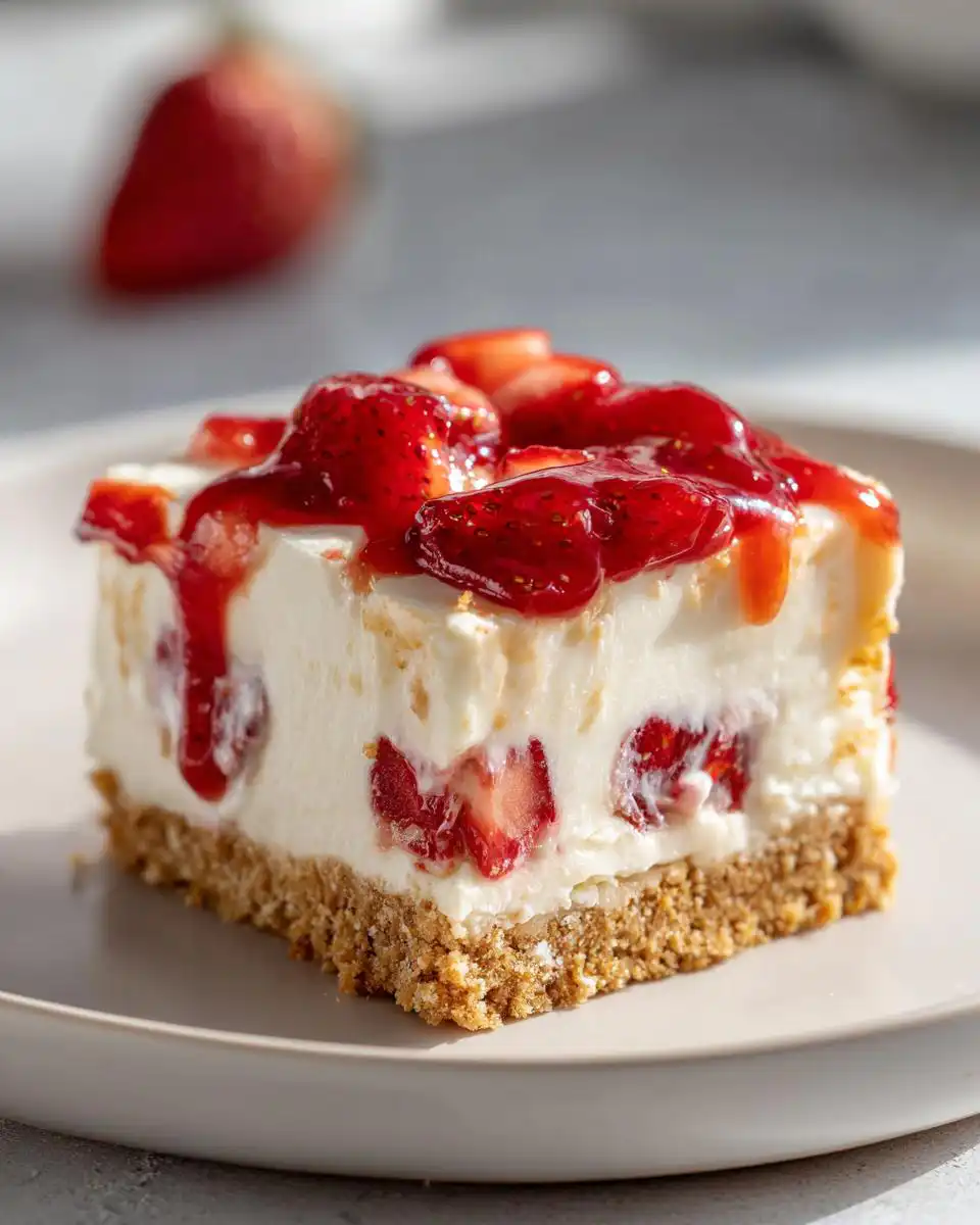 A slice of No-Bake Strawberry Cheesecake Bars with a graham cracker crust, creamy filling, and fresh strawberries.