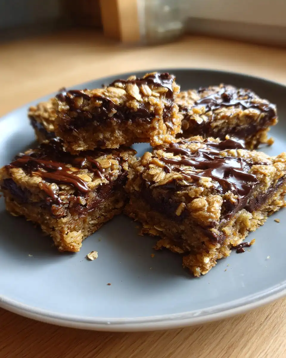 Close-up of delicious oatmeal chocolate chip bars drizzled with chocolate on a gray plate.