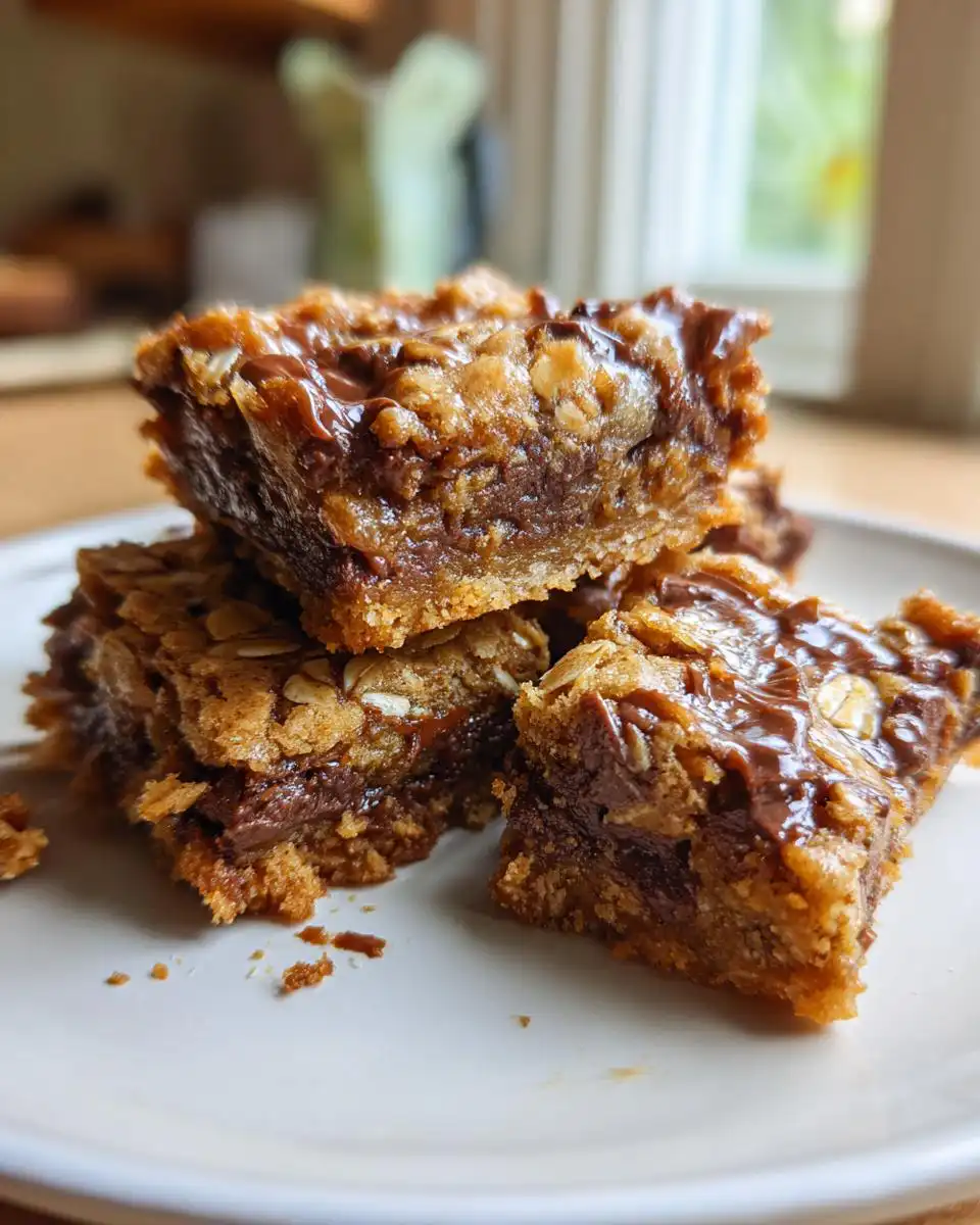 A close-up stack of delicious oatmeal chocolate chip bars, showing gooey melted chocolate and oats.