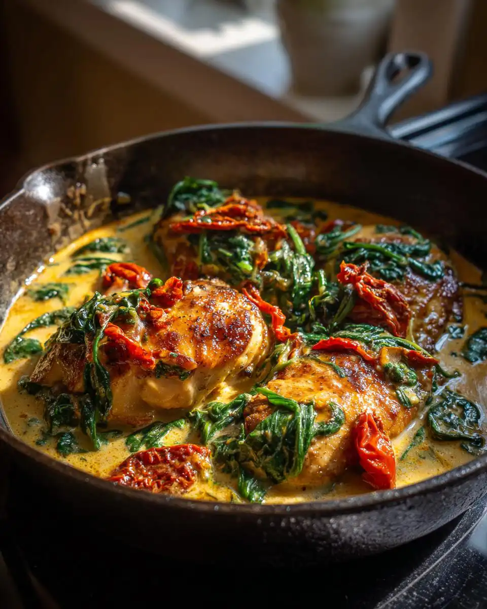 Close-up of golden-brown chicken pieces in a creamy sauce with spinach and sun-dried tomatoes in a cast-iron skillet.