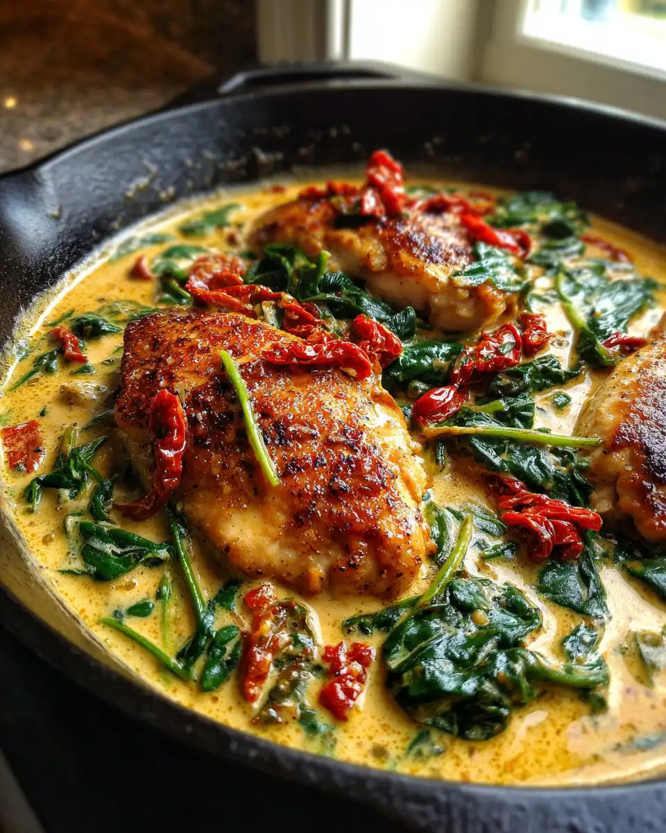 Close-up of a One-Pan Creamy Tuscan Chicken Skillet with golden-brown chicken breasts, wilted spinach, and sun-dried tomatoes in a rich sauce.