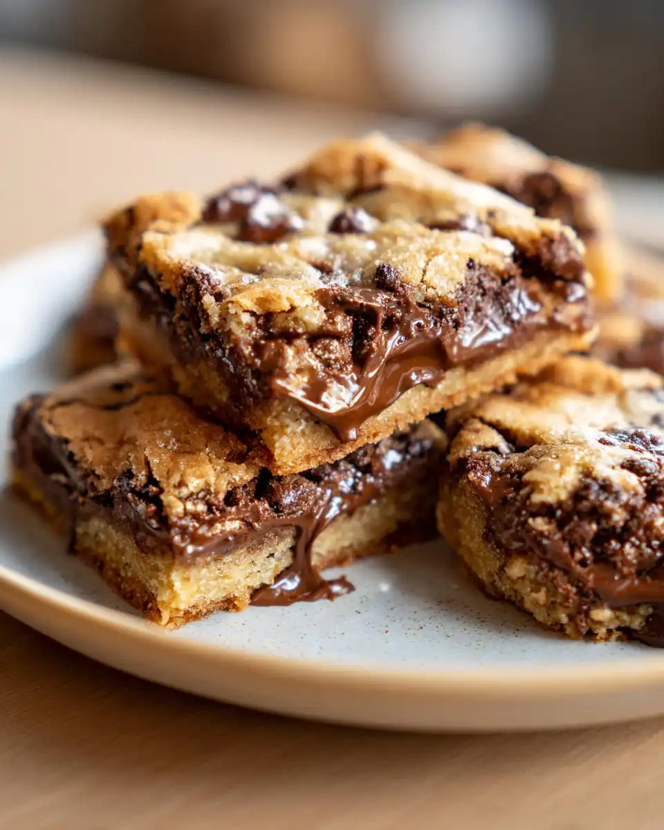 Close-up of ooey-gooey chocolate chip cookie bars with melted chocolate oozing out.