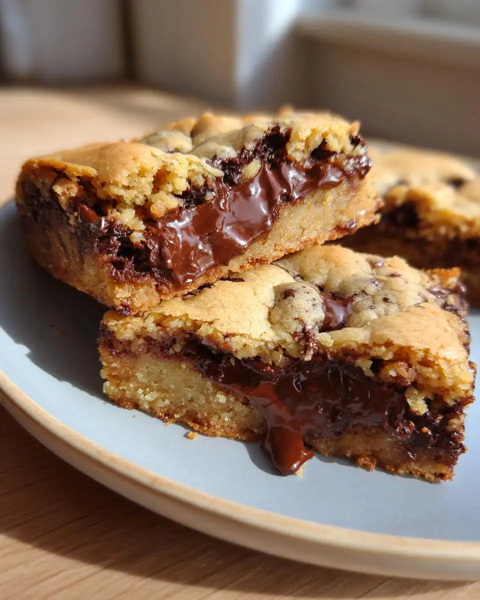 Close-up of ooey-gooey chocolate chip cookie bars with melted chocolate chips.